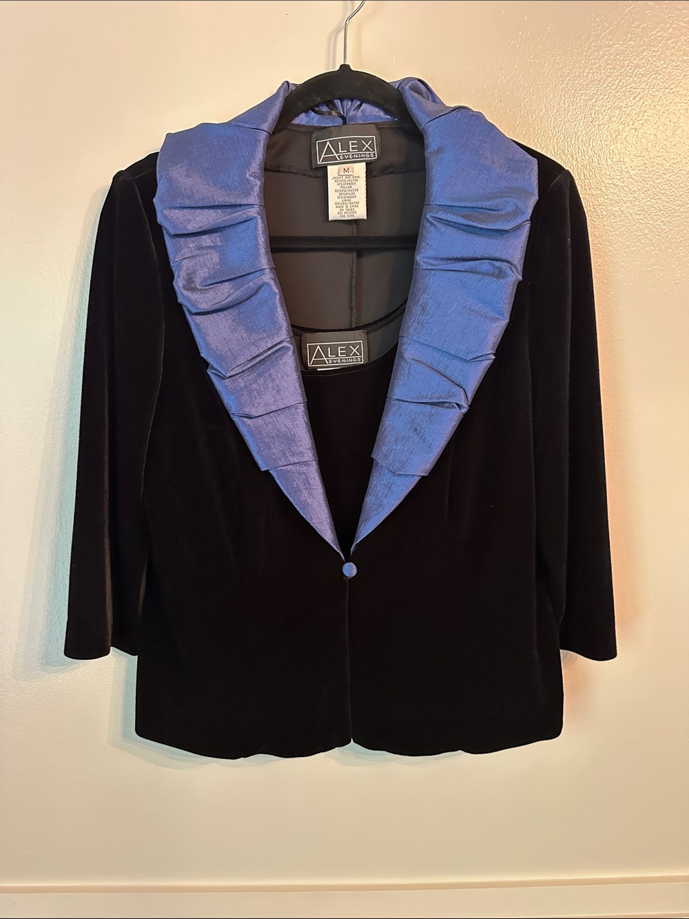 Vintage Alex Evenings Black Velvet Jacket Blue Shawl Collar & Matching Cami M